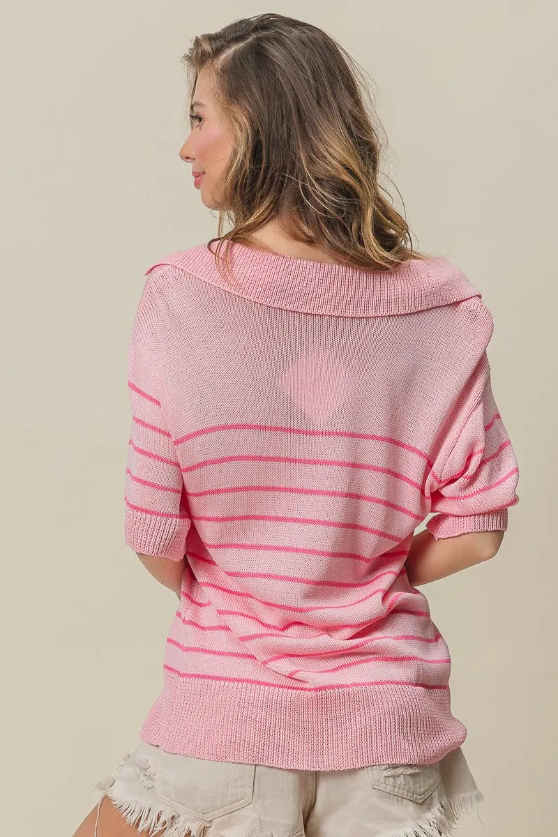 BiBi Stripe Short Sleeves Collared V Neck Top
