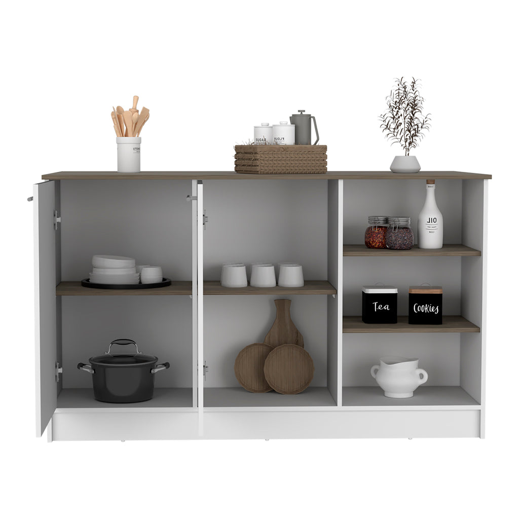 Kitchen Island Two Cabinets, Three Open Shelves, White / Dark Brown