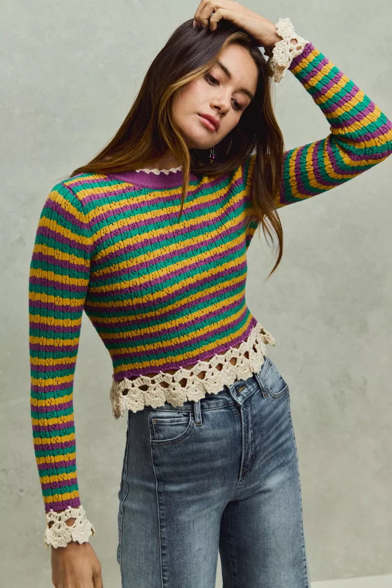 SO ME Mardi Gras Striped Cropped Knit Top with Crochet Edge
