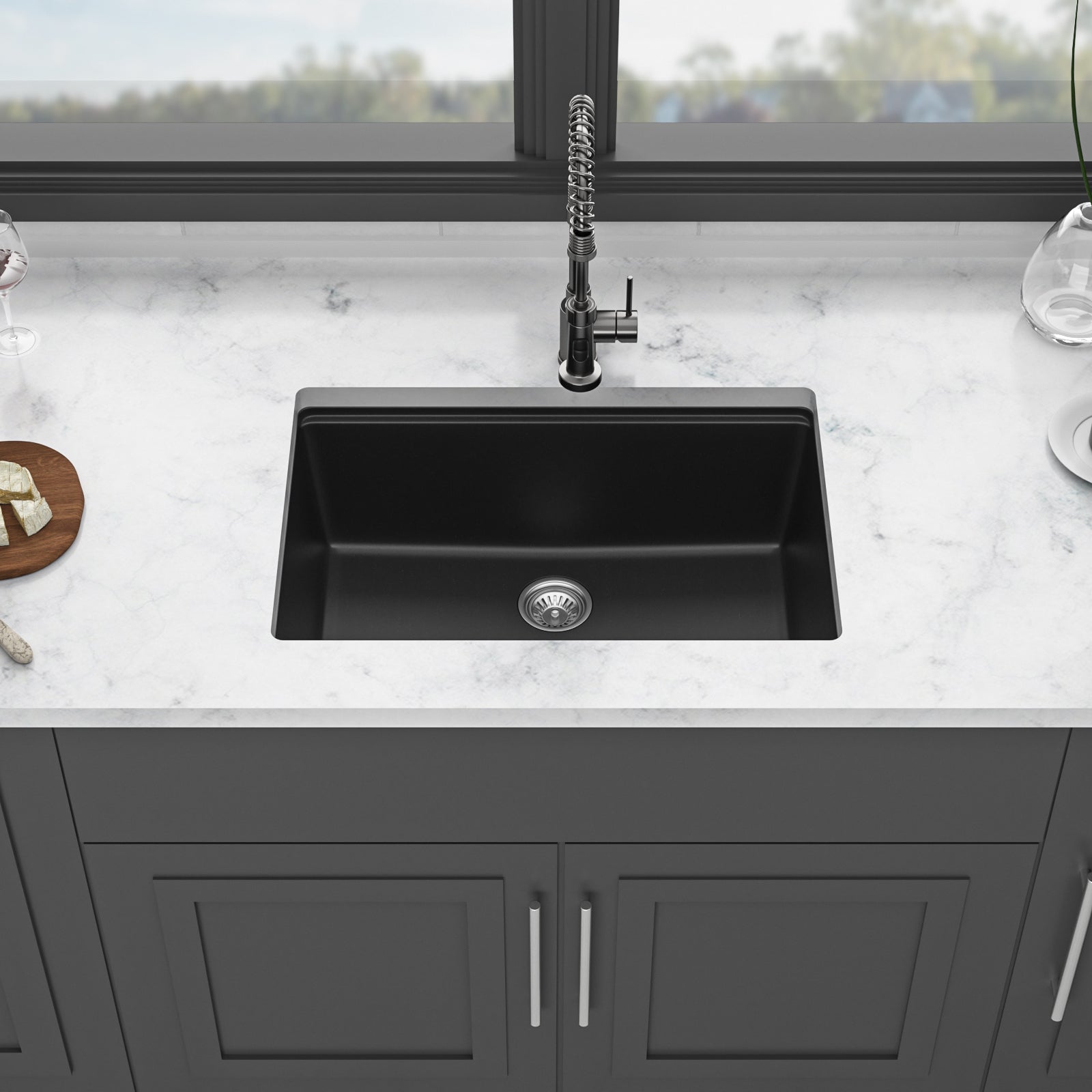 Quartz Kitchen Sink - 28' x 19' Black Granite Composite Workstation Undermount