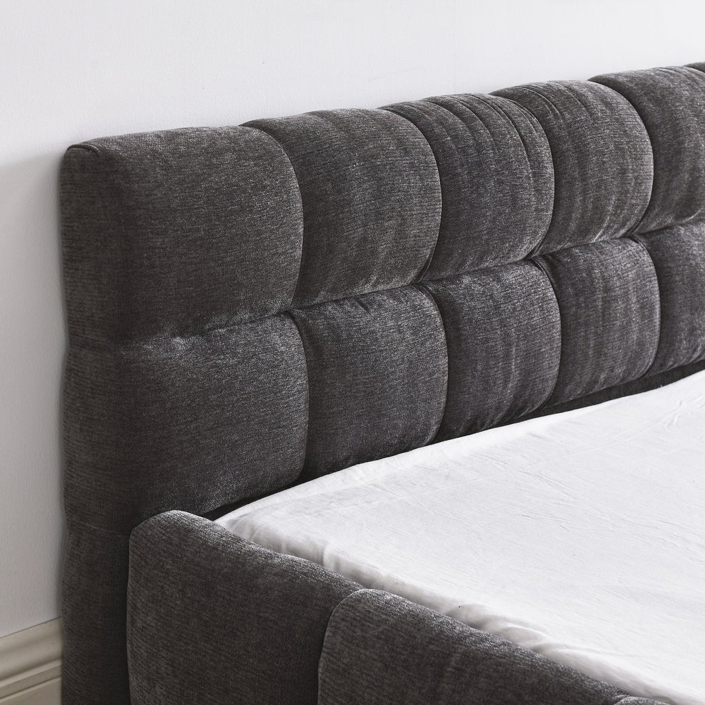 Modern Queen Size Platform Bed Frame with Thick Chenille Fabric in Dark Grey, Upholstered with Headboard