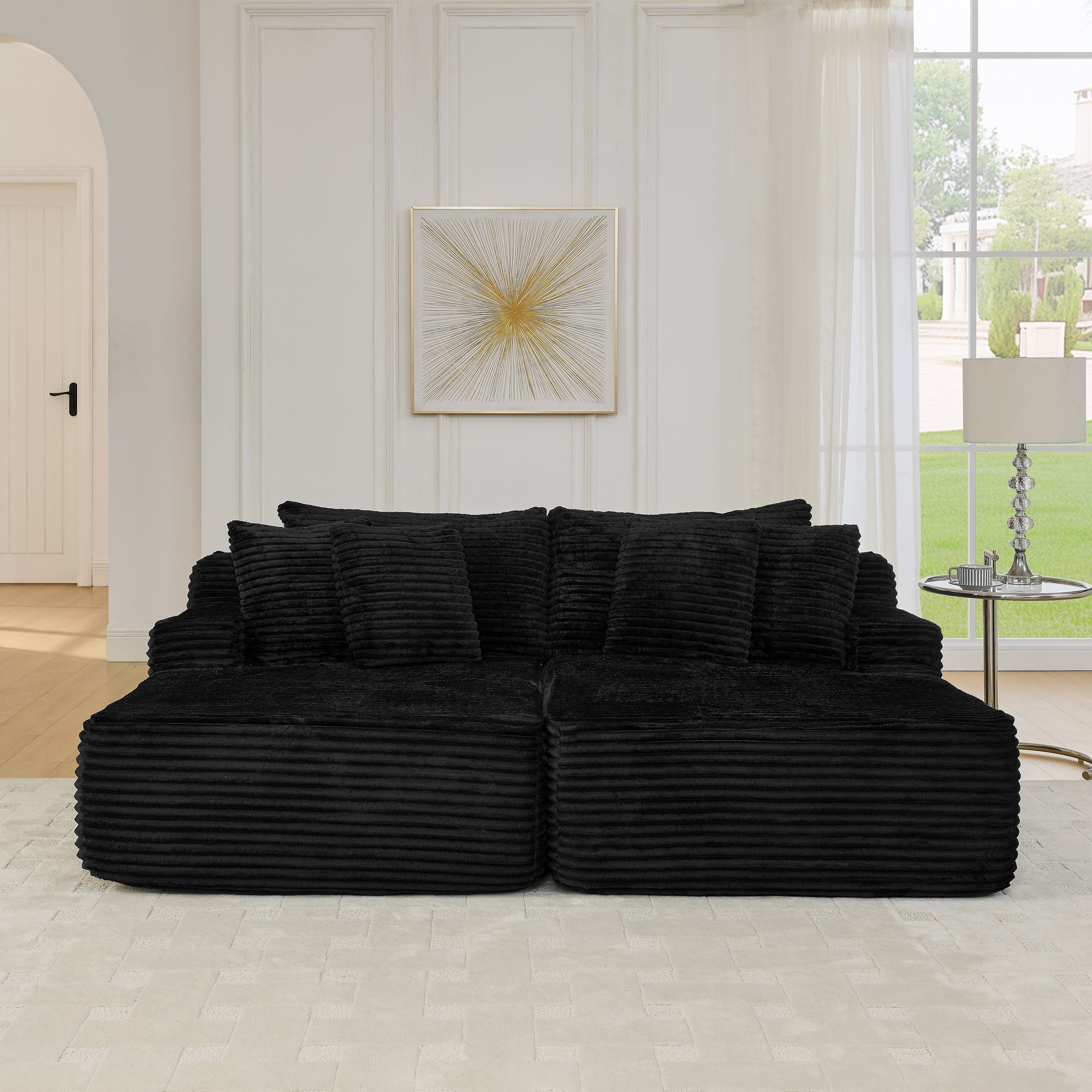 Two-seater lazy sofa lounge chair,Compressed sofa no assembly required, made of velvet fabric, fluffy modern lounge chair, used for indoor living rooms and bedrooms-Black