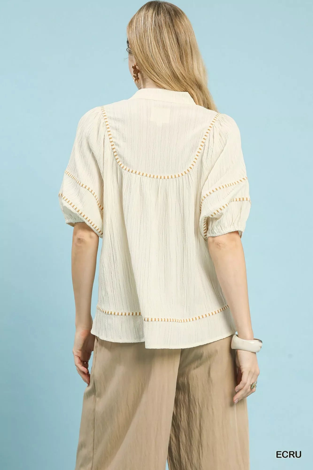 Umgee Textured Short Sleeve Top with Contrast Trim
