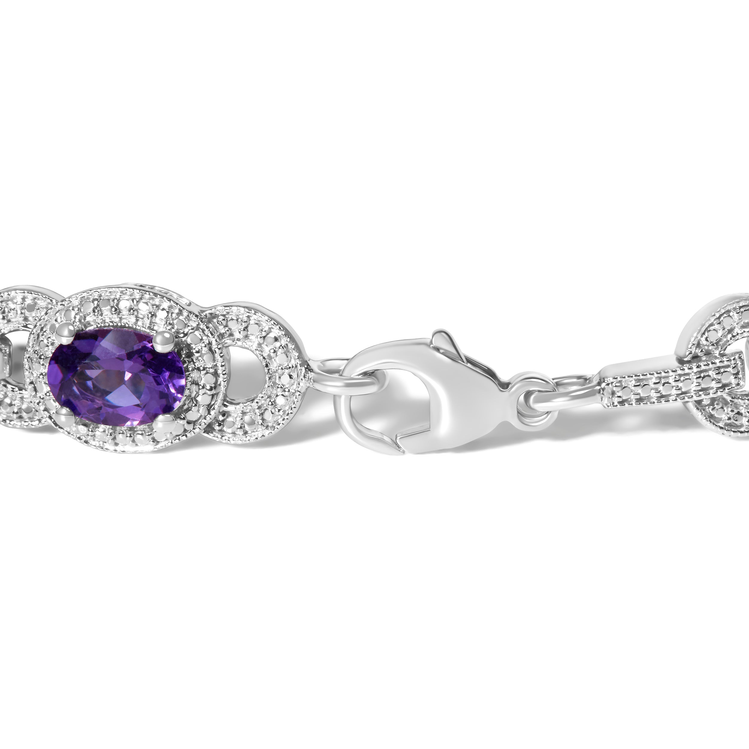 Sterling Silver Oval Purple Amethyst and Diamond Interlocking Halo Link Bracelet