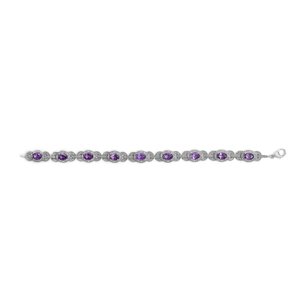 Sterling Silver Oval Purple Amethyst and Diamond Interlocking Halo Link Bracelet