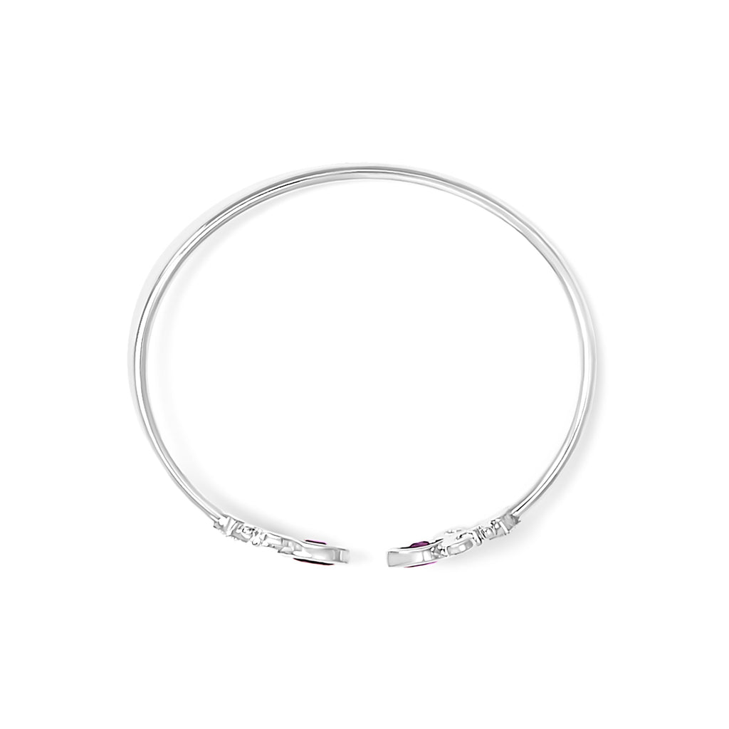 .925 Sterling Silver 8X4MM Marquise Purple Amethyst and Diamond Accent Fleur Di Lis Open Cuff Bangle (I-J Color, I1-I2 Clarity) - 7"