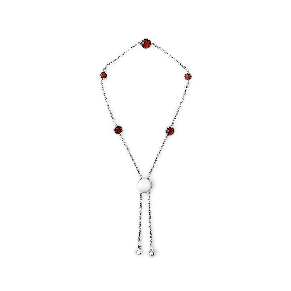.925 Sterling Silver Bezel Set Red Garnet 5 Station Adjustable Bolo Bracelet
