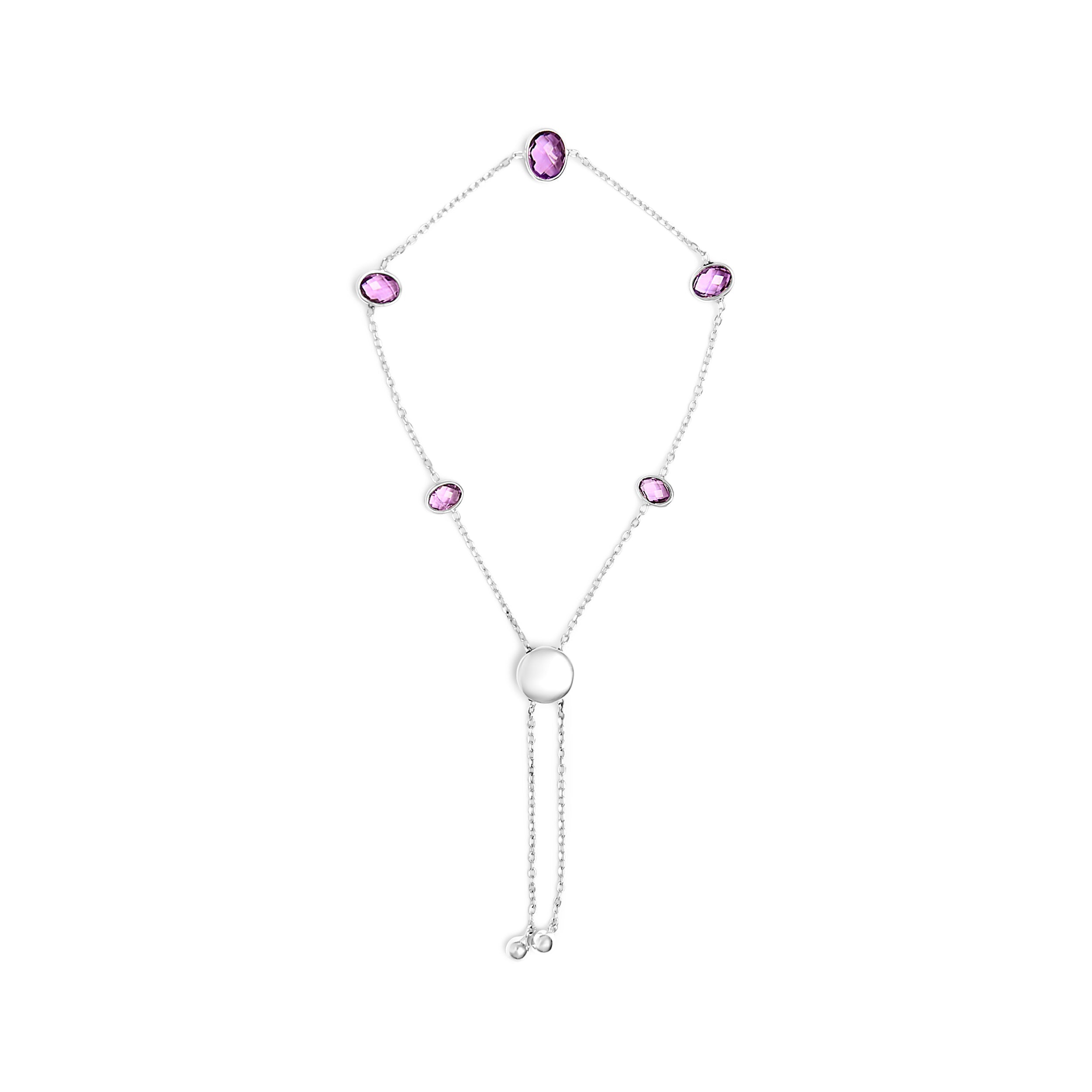.925 Sterling Silver Bezel Set Purple Amethyst 5 Station Adjustable Bolo Bracelet