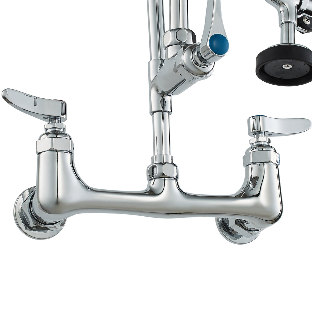 Commercial Faucet with Pre-Rinse Sprayer, 44' Height, 8' Center, 12' Swing Spout, Wall Mount Kitchen Sink Faucet, Brass Constructed Device with Pull Down Spray, for 1/2/3 Compartment Sink