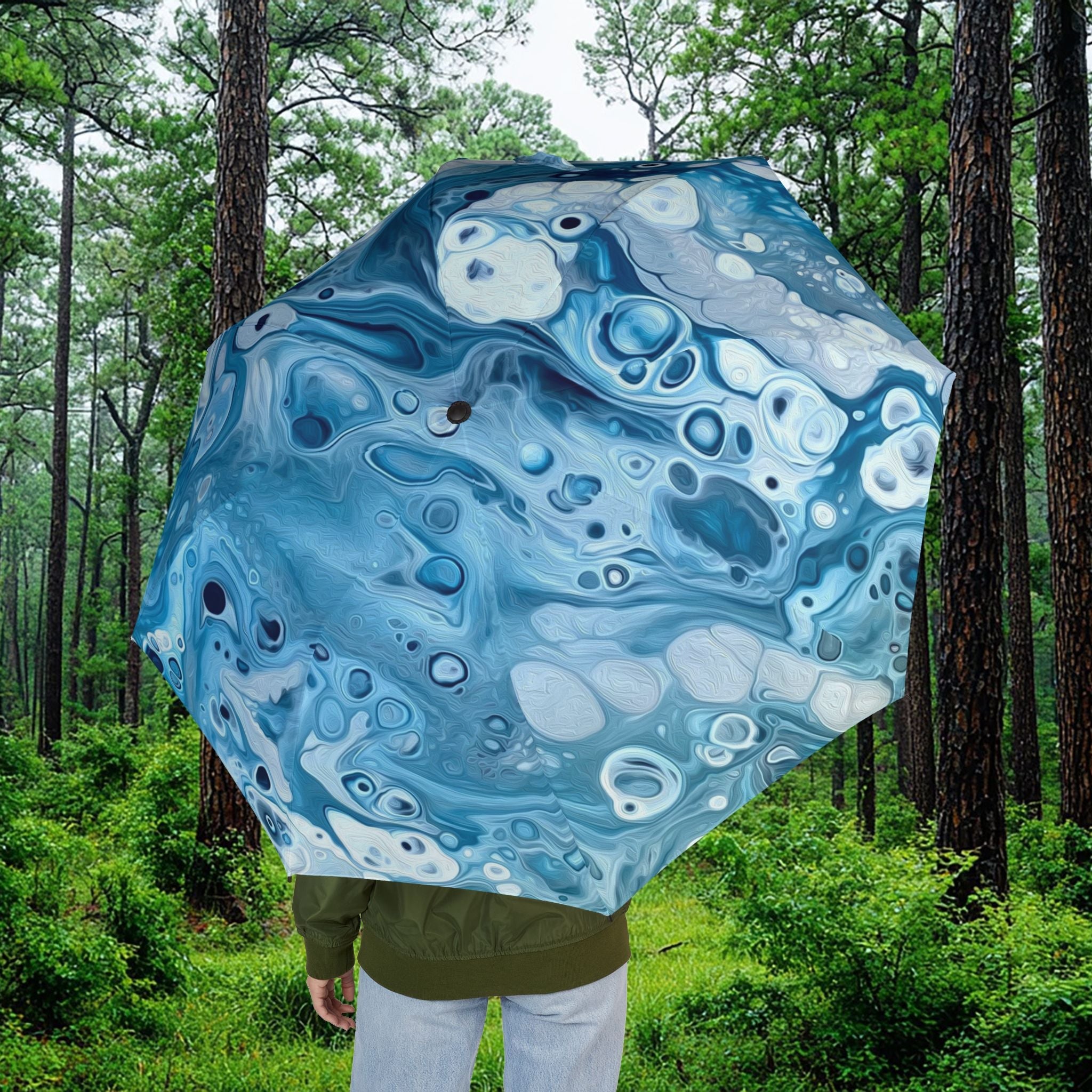 Bespattered Facade Blue Marble Foldable Umbrella — Compact Semi-Automatic Rain Parasol