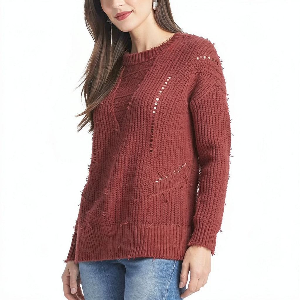 Rachel Roy Womens Frayed Long Sleeve Jewel Neck Sweater, Size XL