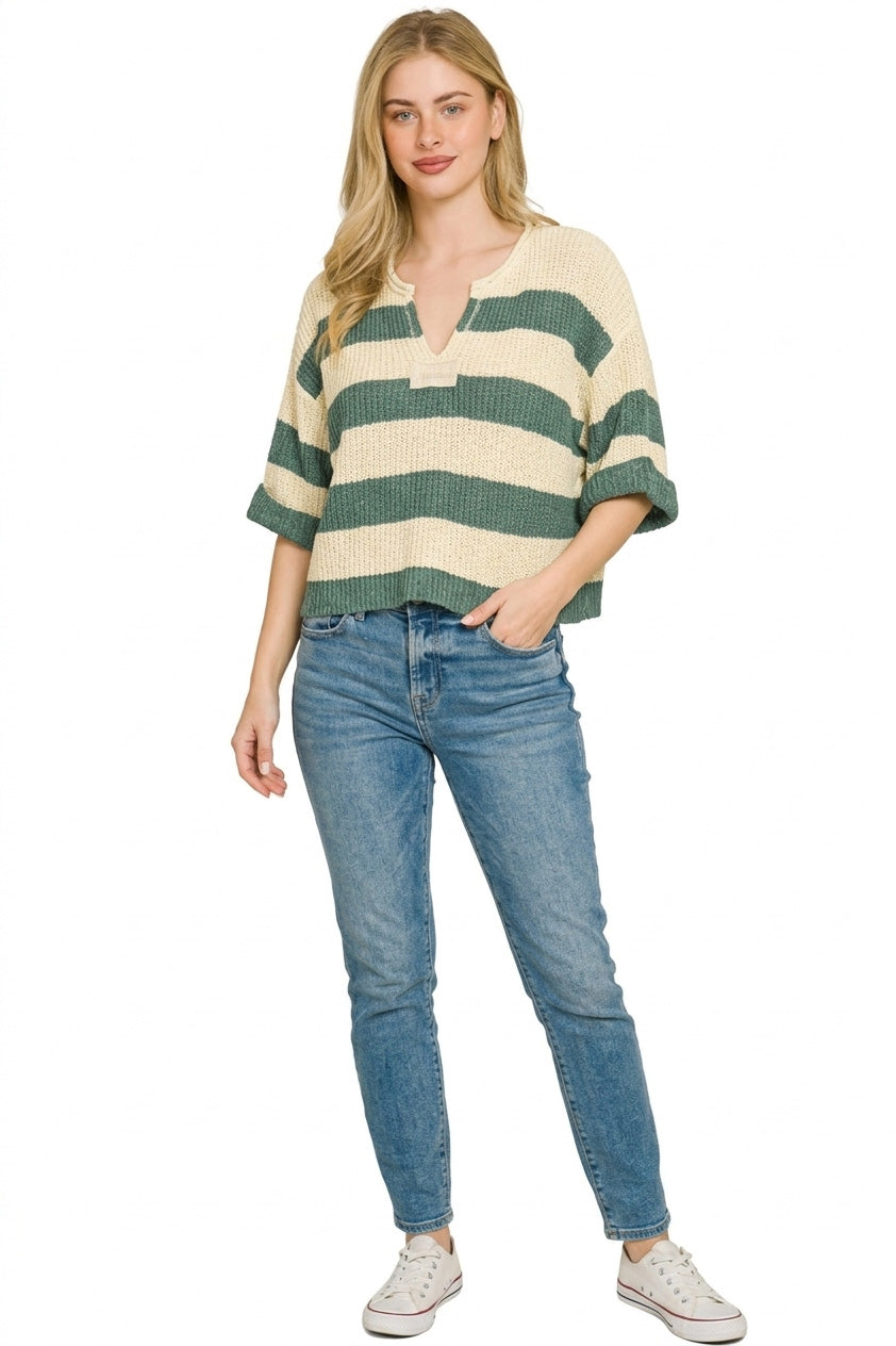 Zenana Split Neck Stripe Sweater
