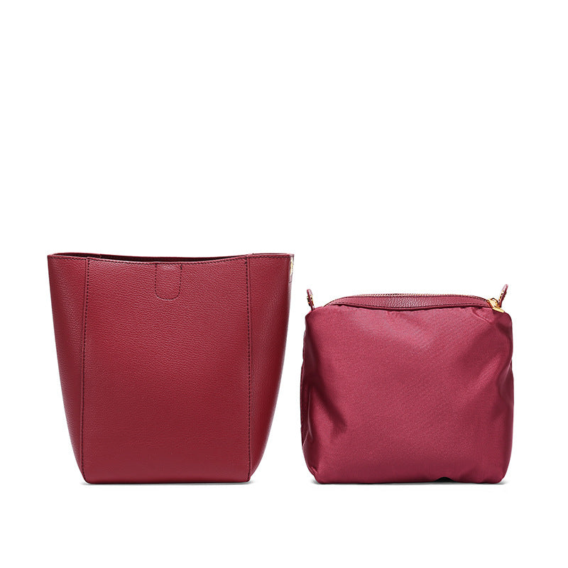 New Genuine Leather Bucket Bag with Wide Shoulder Strap