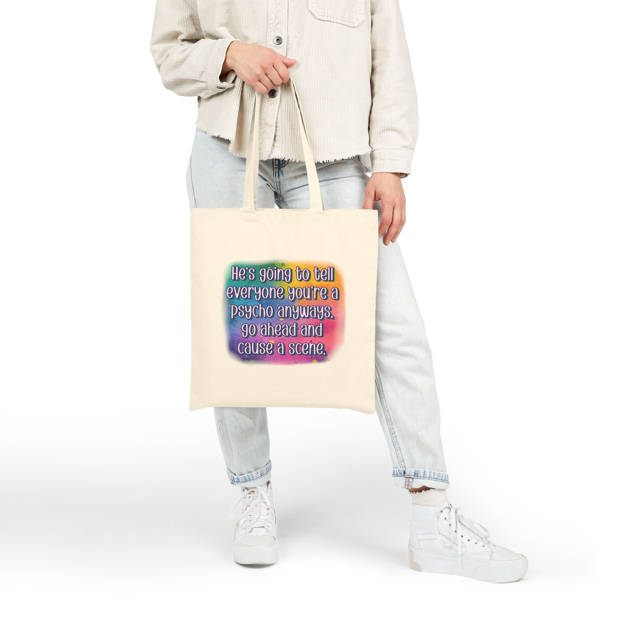 Bespattered Facade Rainbow "Cause a Scene" Canvas Tote Bag Reusable Carryall