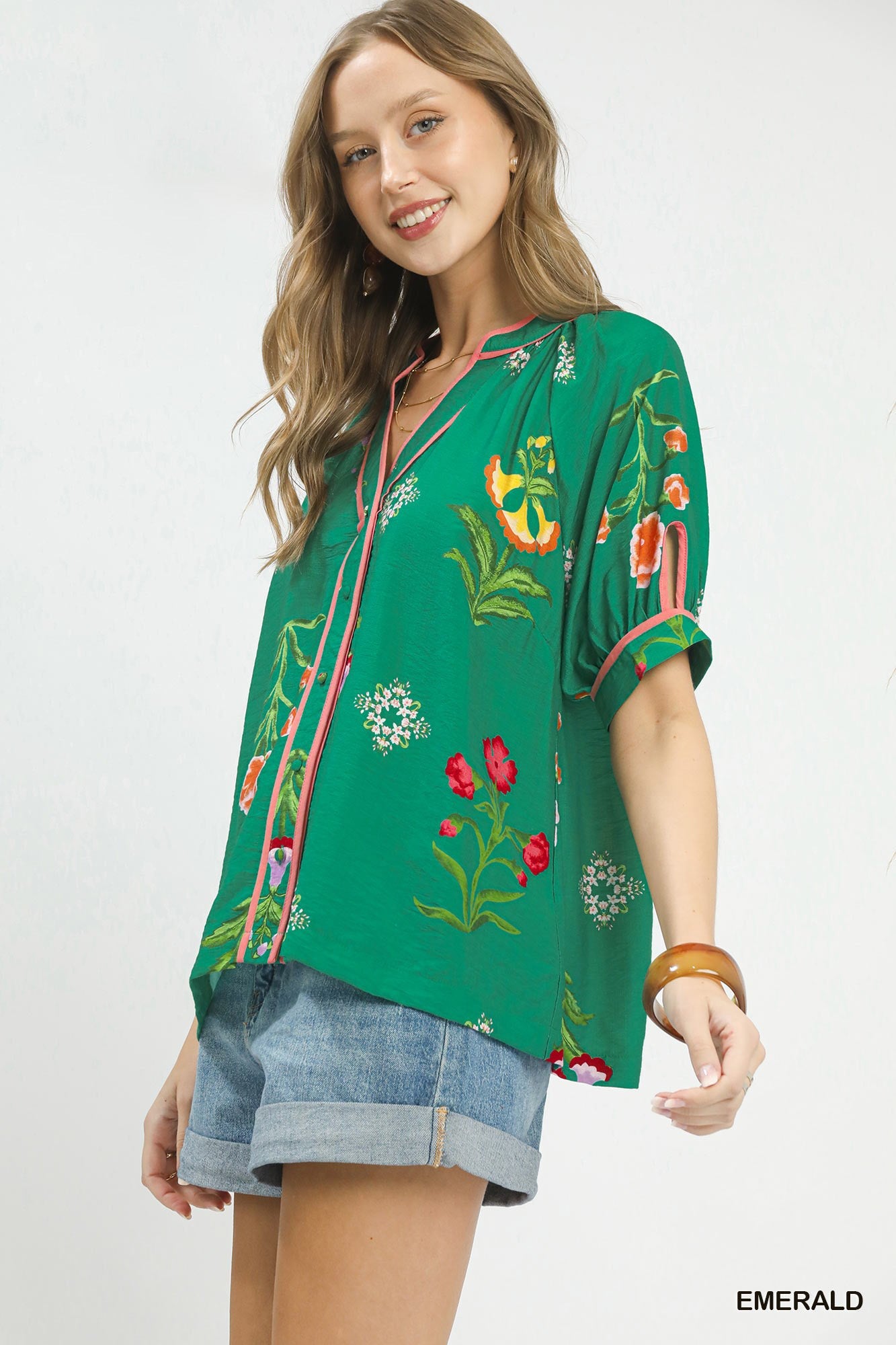 Umgee Botanical Print Contrast Trim Button Blouse