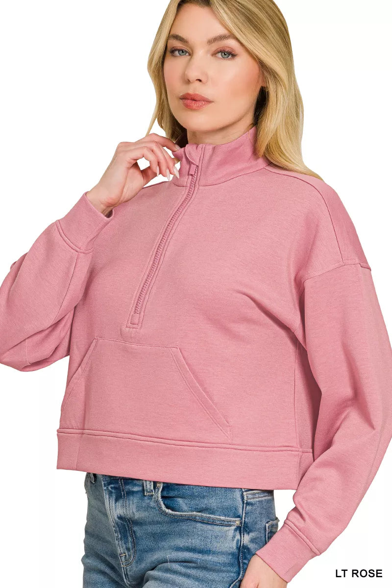 Zenana Scuba Half Zip Pullover With Kangaroo Pockets