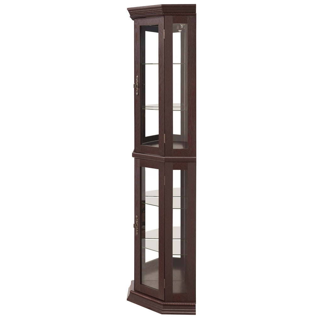 Lighted Corner Curio Cabinet - Glass Display Shelf with Tempered Glass Doors, Adjustable Shelving, and Included Bead Bulb - Ideal Bar Cabinet for Home Decor- DARK CHERRY