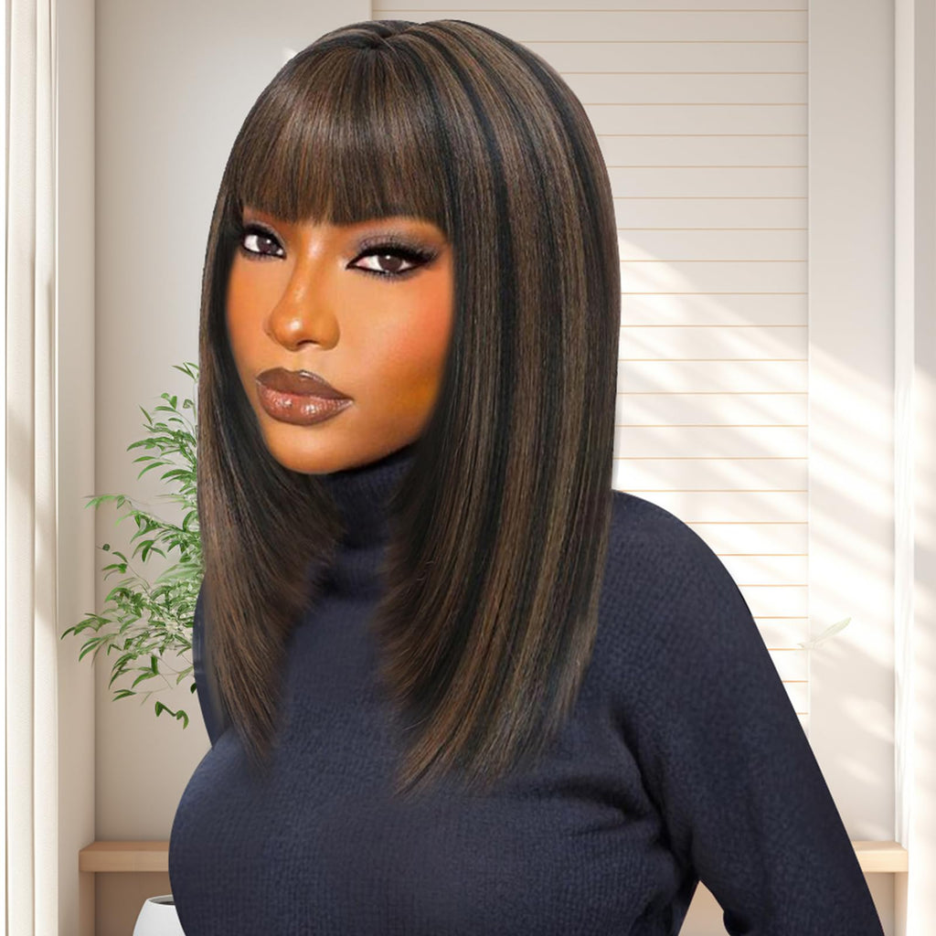 INSTASTYLE Black Mix Brown Bob Wig with Bangs 14inch Short Wigs for Black Women Brown Highlight Wig Ready and Go Glueless Wig Synthetic Straight Bob Wig for Daily Use