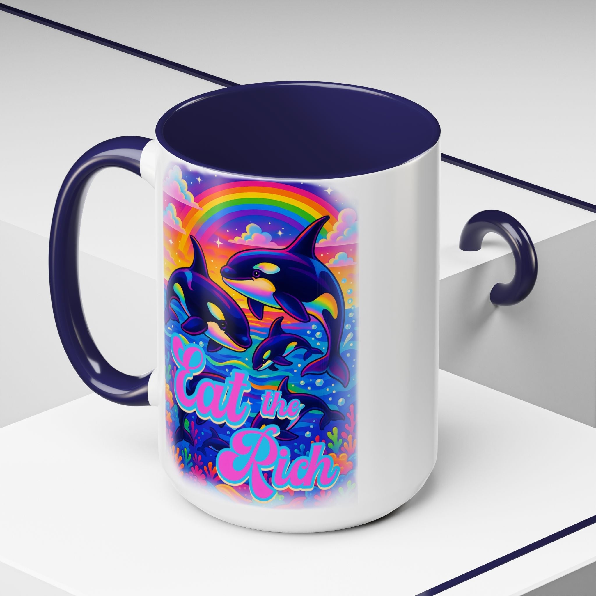 Bespattered Facade "Eat the Rich" Orcas Whimsical Rainbow Mug | Four Colors | 11oz or 15oz