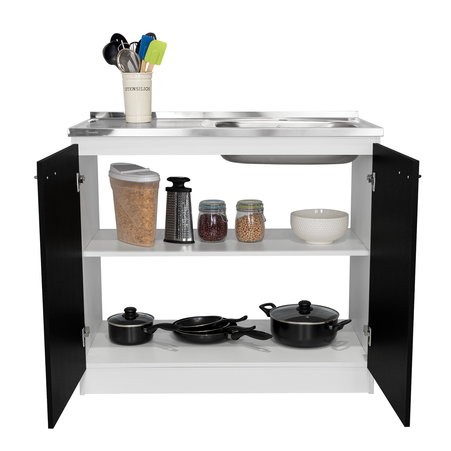 Napoles Utility Sink With Cabinet, Double Door, One Shelf -White / Black