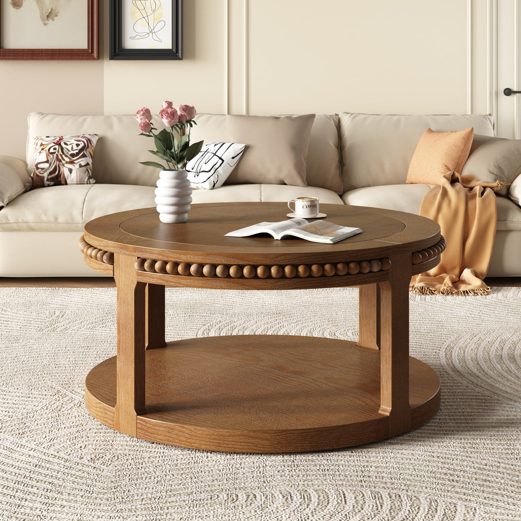 31.5 Inch Round Solid Wood Coffee Table & Sofa Table - Two-Tier Thickened Top, Sturdy Legs, Circle Table for Living Room (Walnut)
