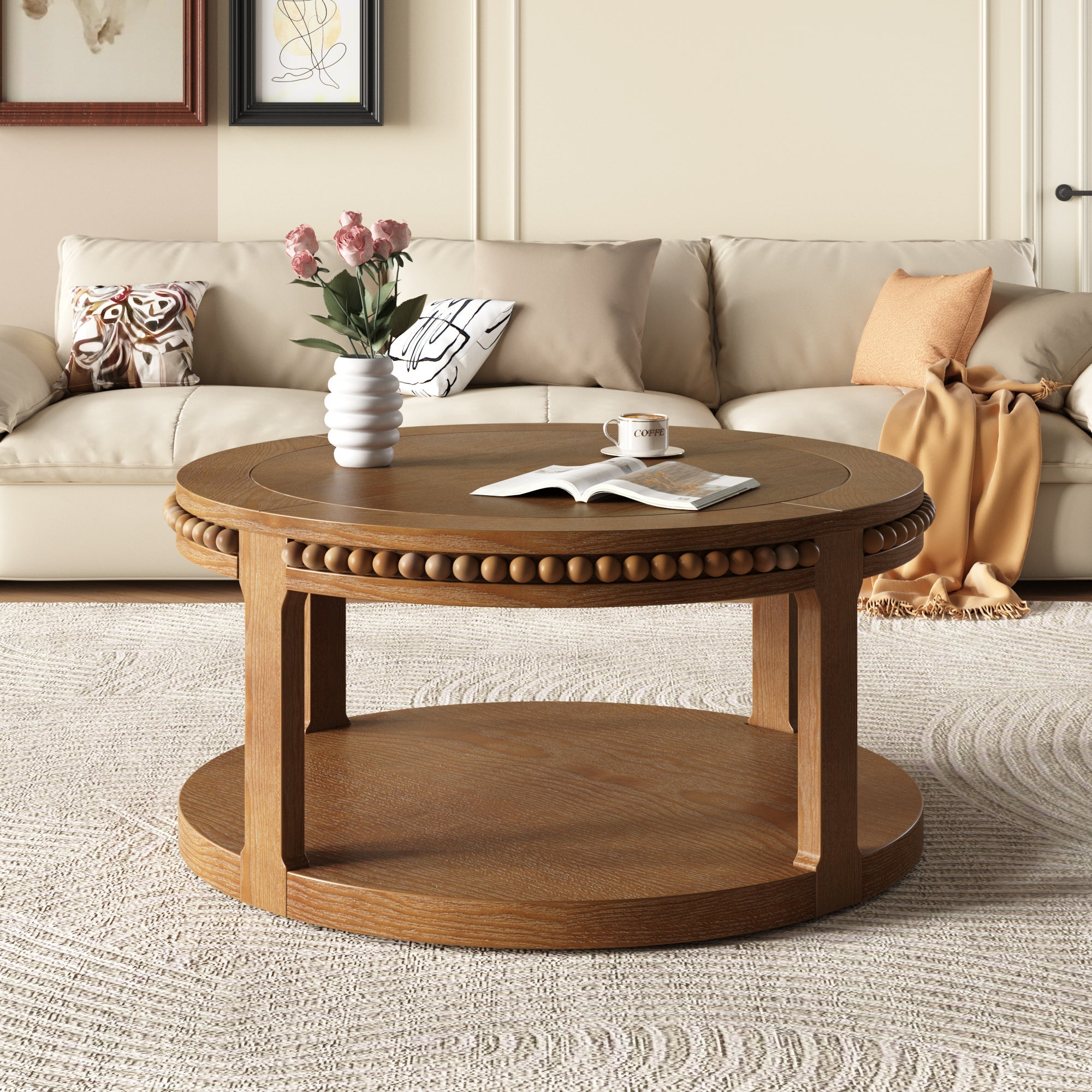 31.5 Inch Round Solid Wood Coffee Table & Sofa Table - Two-Tier Thickened Top, Sturdy Legs, Circle Table for Living Room (Walnut)