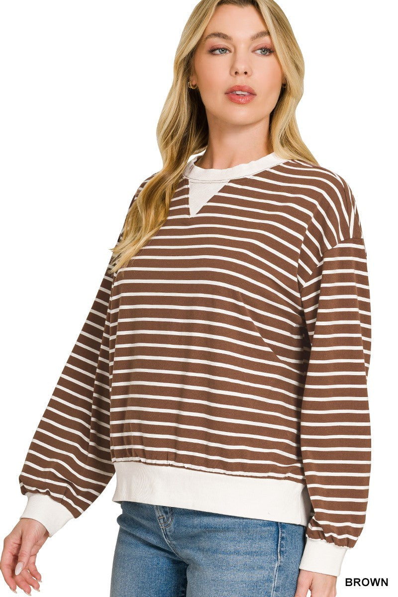 Zenana Striped Rib Banded Sweatshirt