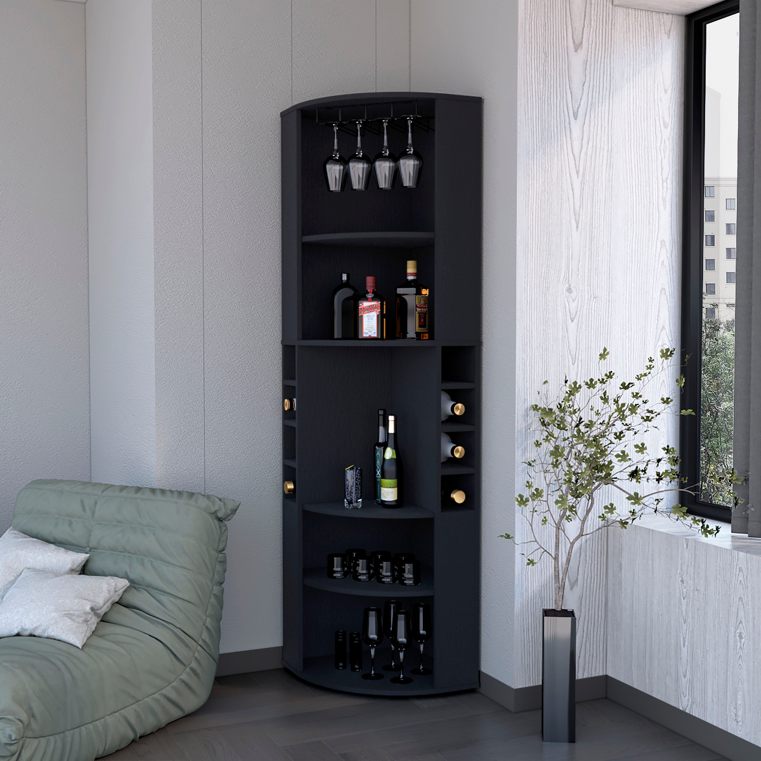 FM FURNITURE Clifton Corner Bar Cabinet, with 5 shelves,Cup Hanger and Eight Built-in Wine Rack, Black