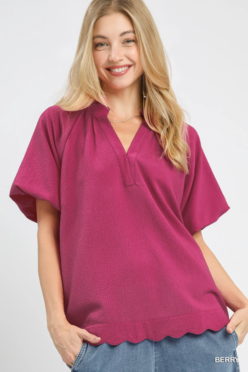 Umgee Scalloped Hem Textured Blouse