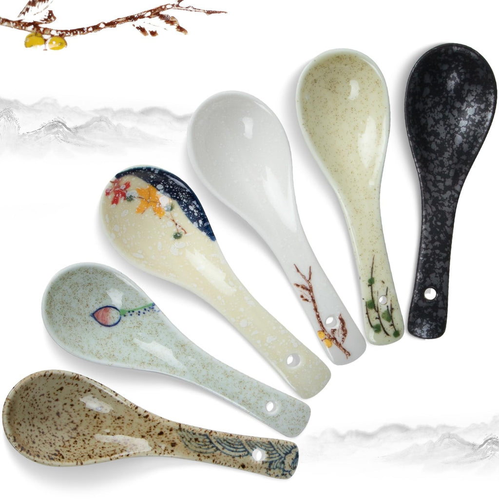 6 Pcs Asian Retro Ceramics Soup Spoons Japanese Style Rice Spoon Flatware Asian Chinese Serving Spoons Appetizers Tableware Meal Partner for Salad Ramen Noodles Wonton