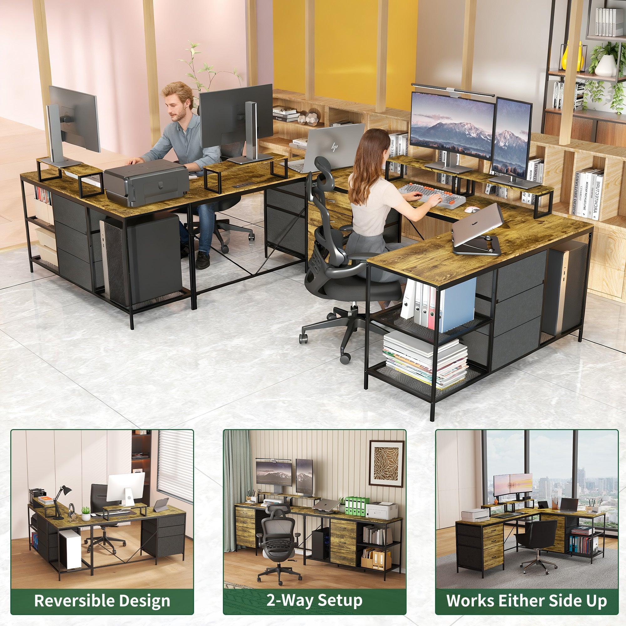 Industrial L-Shaped Computer Desk with Power Outlets & USB-C, Rustic Brown Metal Frame, 6 Fabric Drawers, 3 Open Shelves, Movable Monitor Stands, 114 Inch Corner Office Desk for Gaming and Work