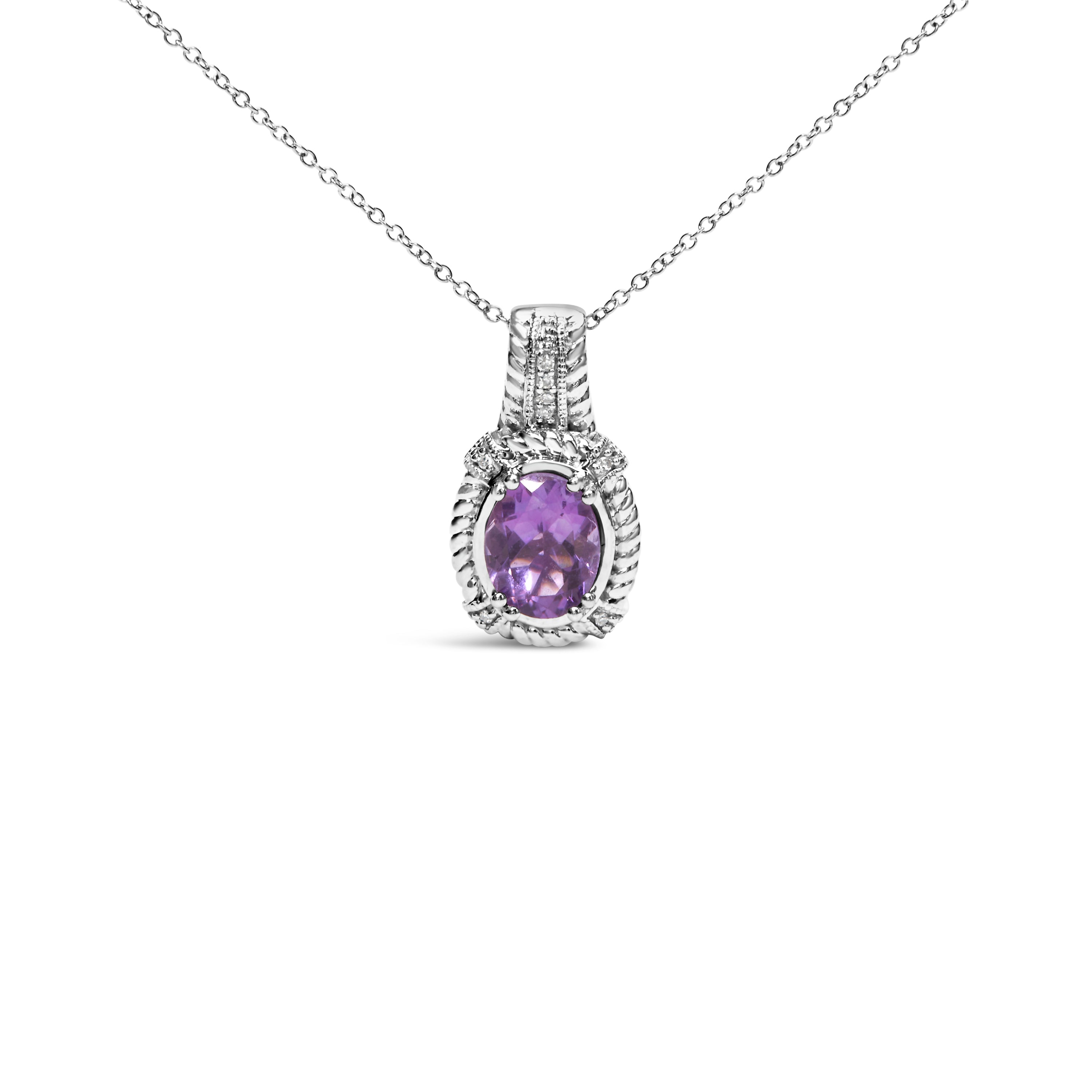 .925 Sterling Silver 9x7mm Oval Purple Amethyst and Round Diamond Accent Fashion Drop Pendant 18 Inch Necklace (I-J Color, I1-I2 Clarity)