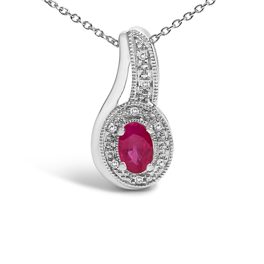 .925 Sterling Silver Red Ruby and Diamond Accent Milgrain Swirl Pendant Necklace - 18" Inches