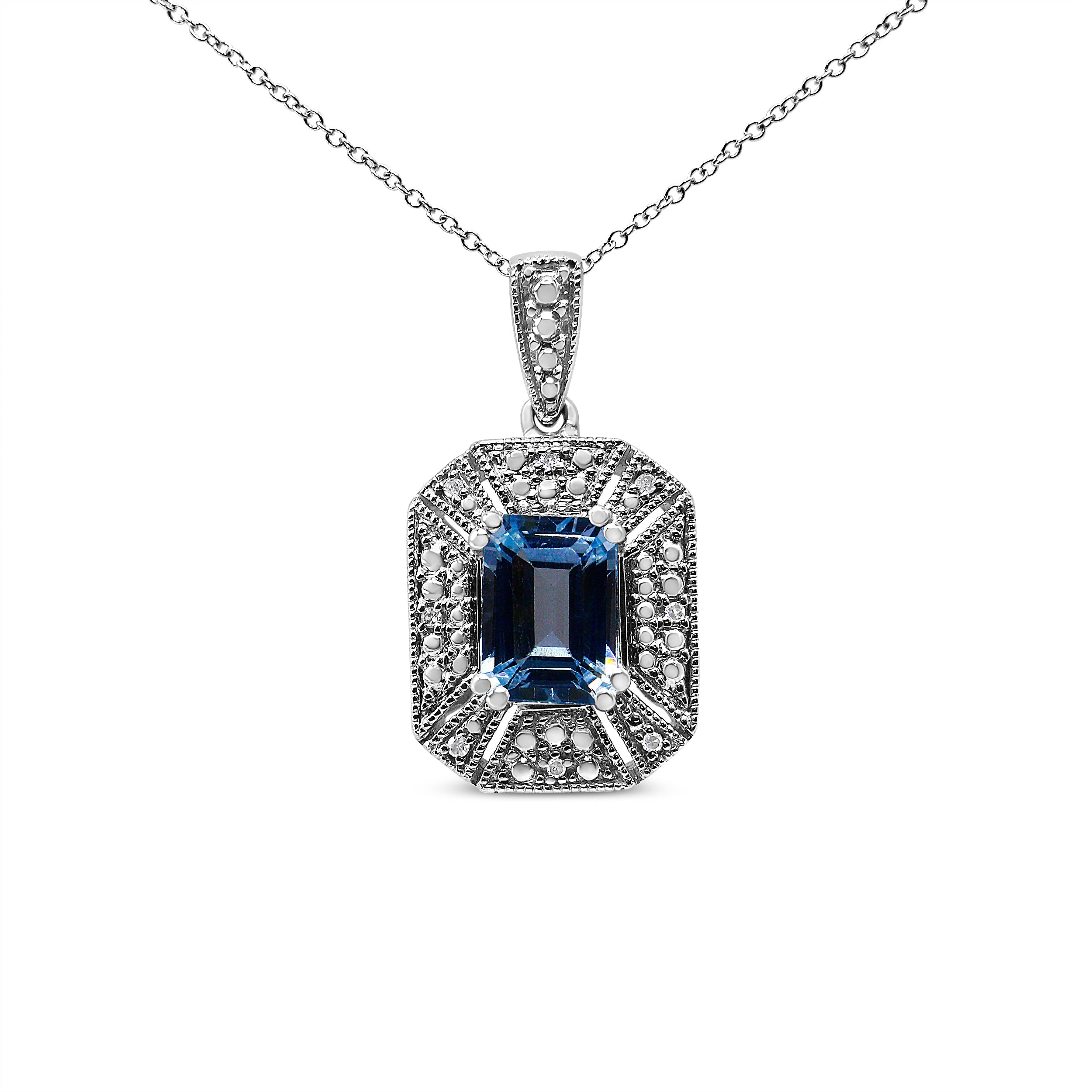 .925 Sterling Silver Blue Topaz and Diamond Accent Art Deco Style 18" Pendant Necklace (I-J Color, I1-I2 Clarity)