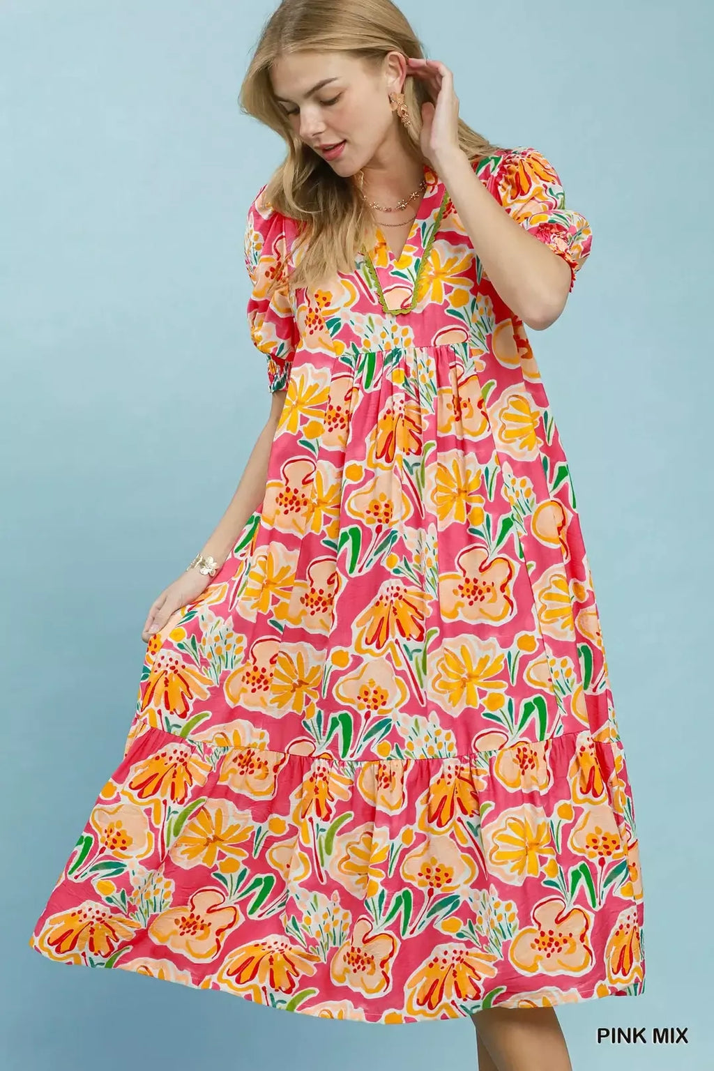 Umgee Floral Print Puff Sleeve Tiered Midi Dress