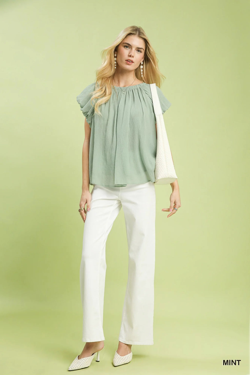 Umgee Crinkle Flutter Sleeve Peasant Top