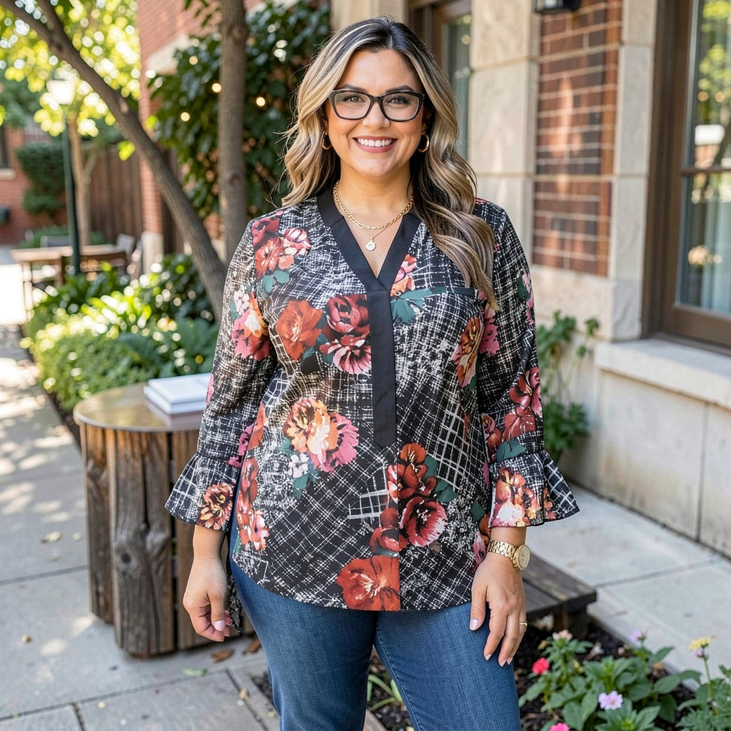 NY Collection Womens Plus Size Chiffon Bell-Sleeve Tunic, Size 1X