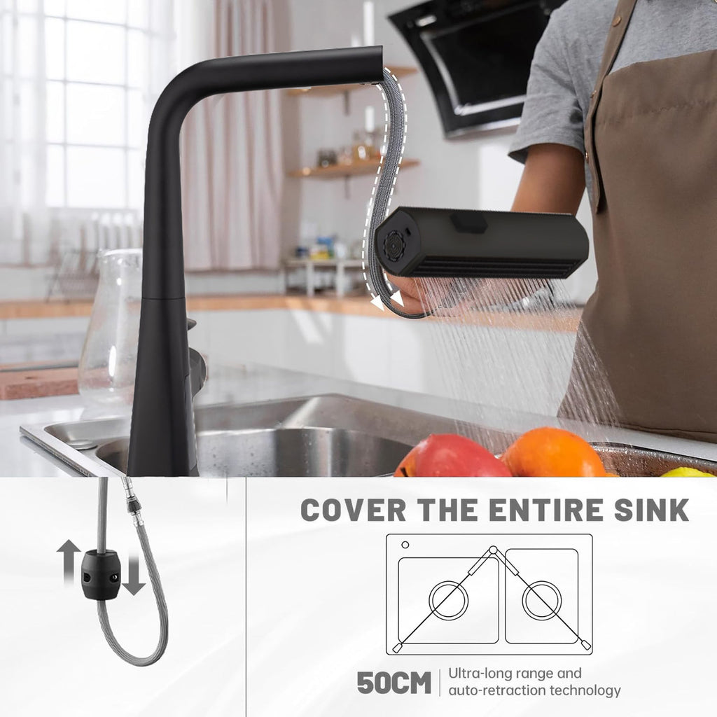 Modern Matte Black Waterfall Kitchen Faucet with Temperature Display and Pull Down Sprayer, Zinc Construction, 15.75-Inch Height