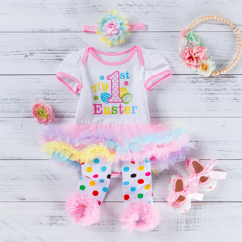 New Baby Easter Romper Dress Cartoon 4-Piece Set