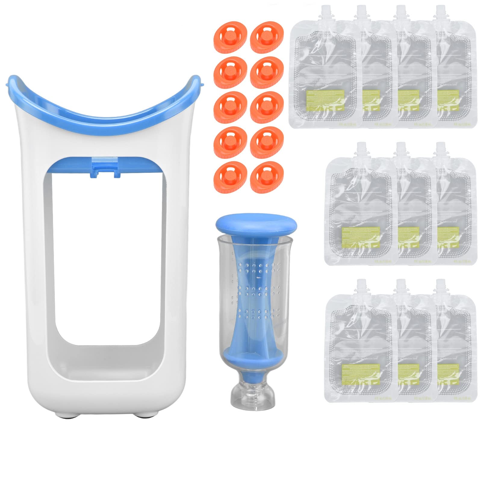 Reusable Baby Food PouchesBaby Food Maker with 10PCS PouchSqueeze Station  Fresh Fruit Juice Puree Squeezer Reusable Storage Bags for Snacks Storage Perfect Home Outdoor Camping Traveling(Blue)