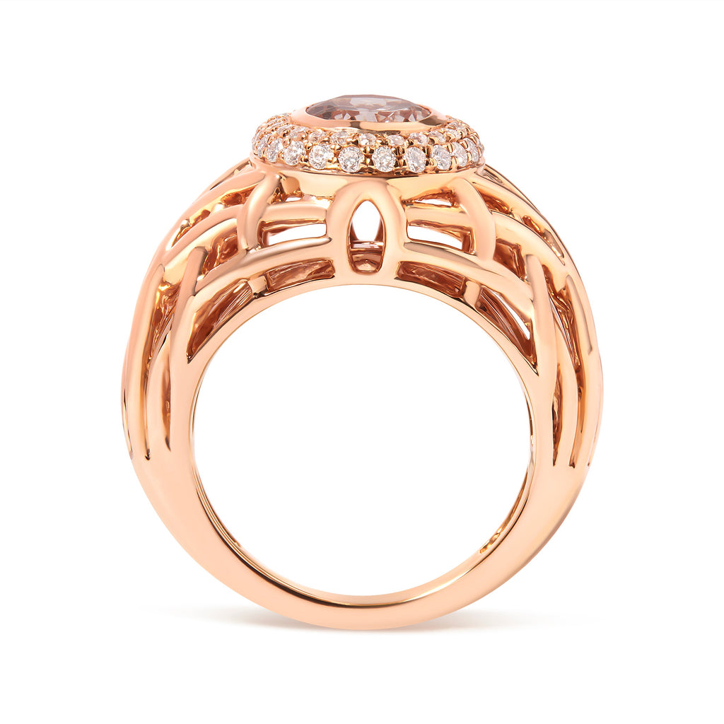 14K Rose Gold Oval Cut Light Pink Morganite and 3/8 Cttw Diamonds Halo and Basket Weave Cocktail Ring (G-H Color, SI1-SI2 Clarity) - Size 7