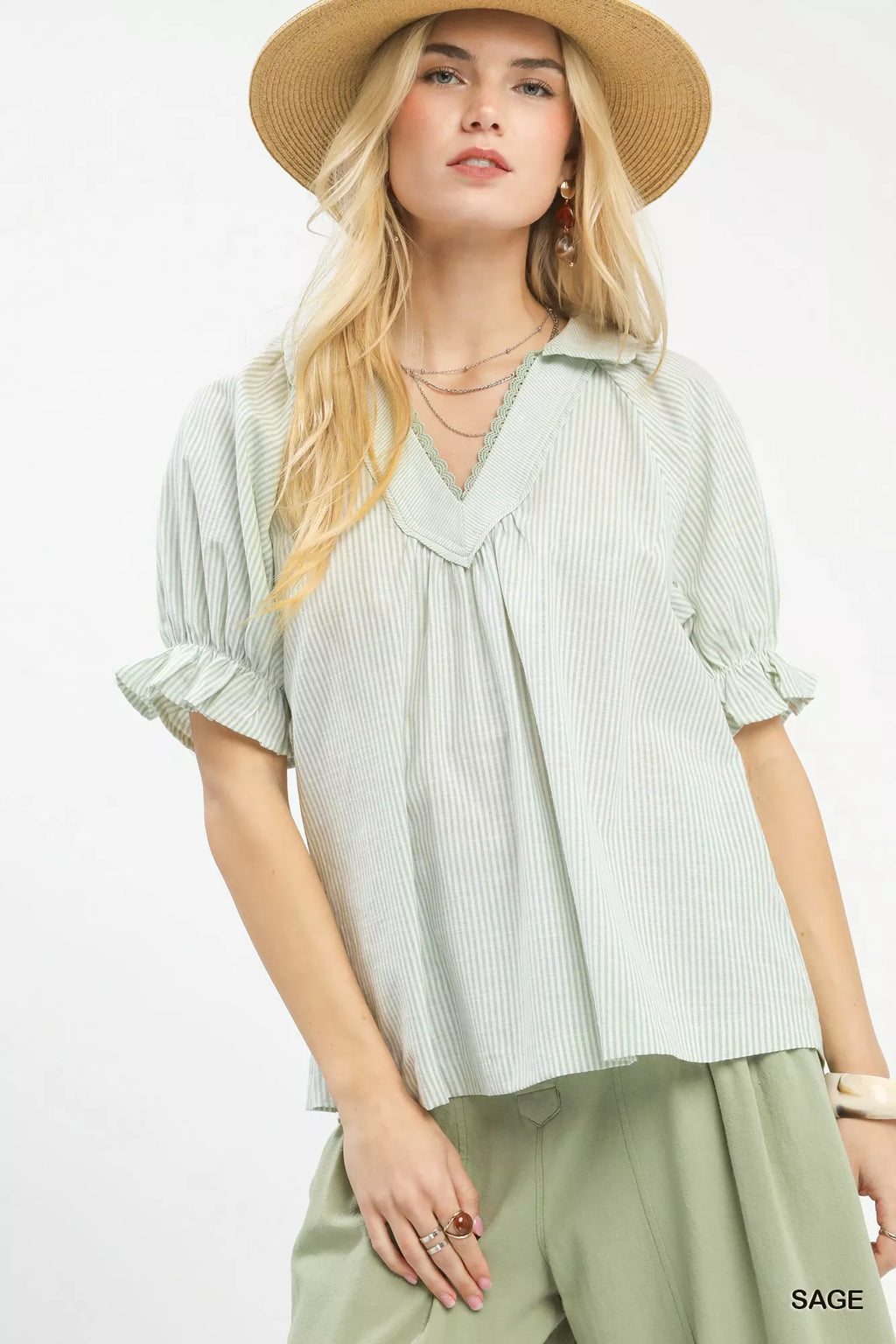 Umgee Pinstripe V-Neck Ruffle Sleeve Blouse