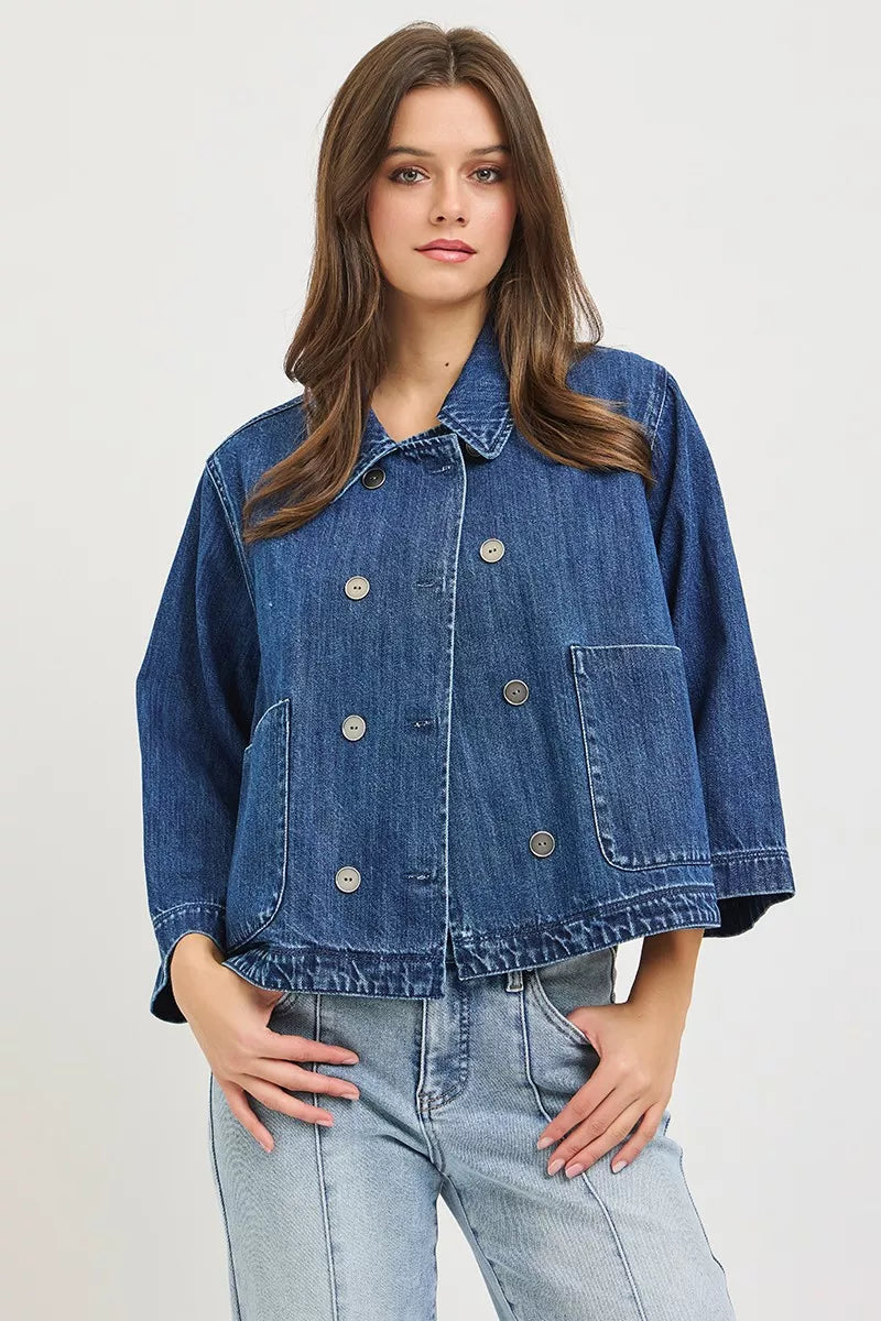 RISEN Double-Breasted Flowy Cropped Denim Jacket