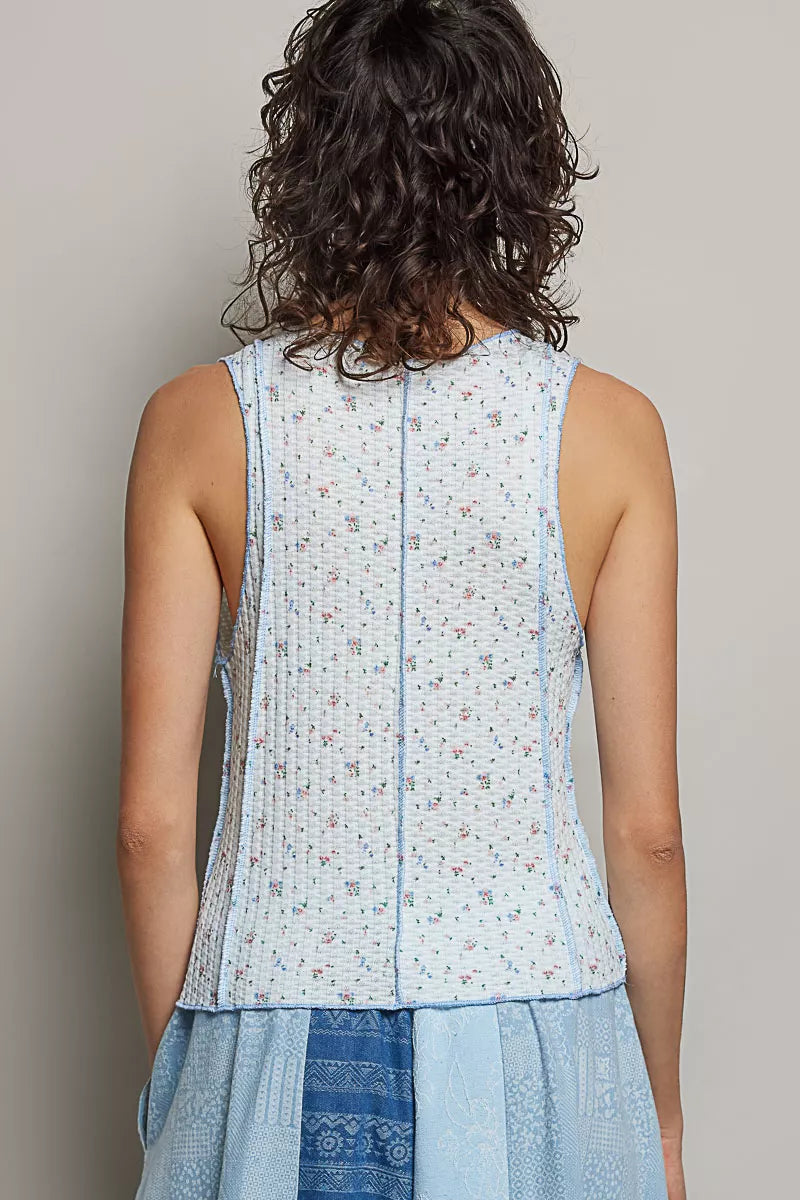 POL Seam detail Floral Round Neck Ribbed Tank