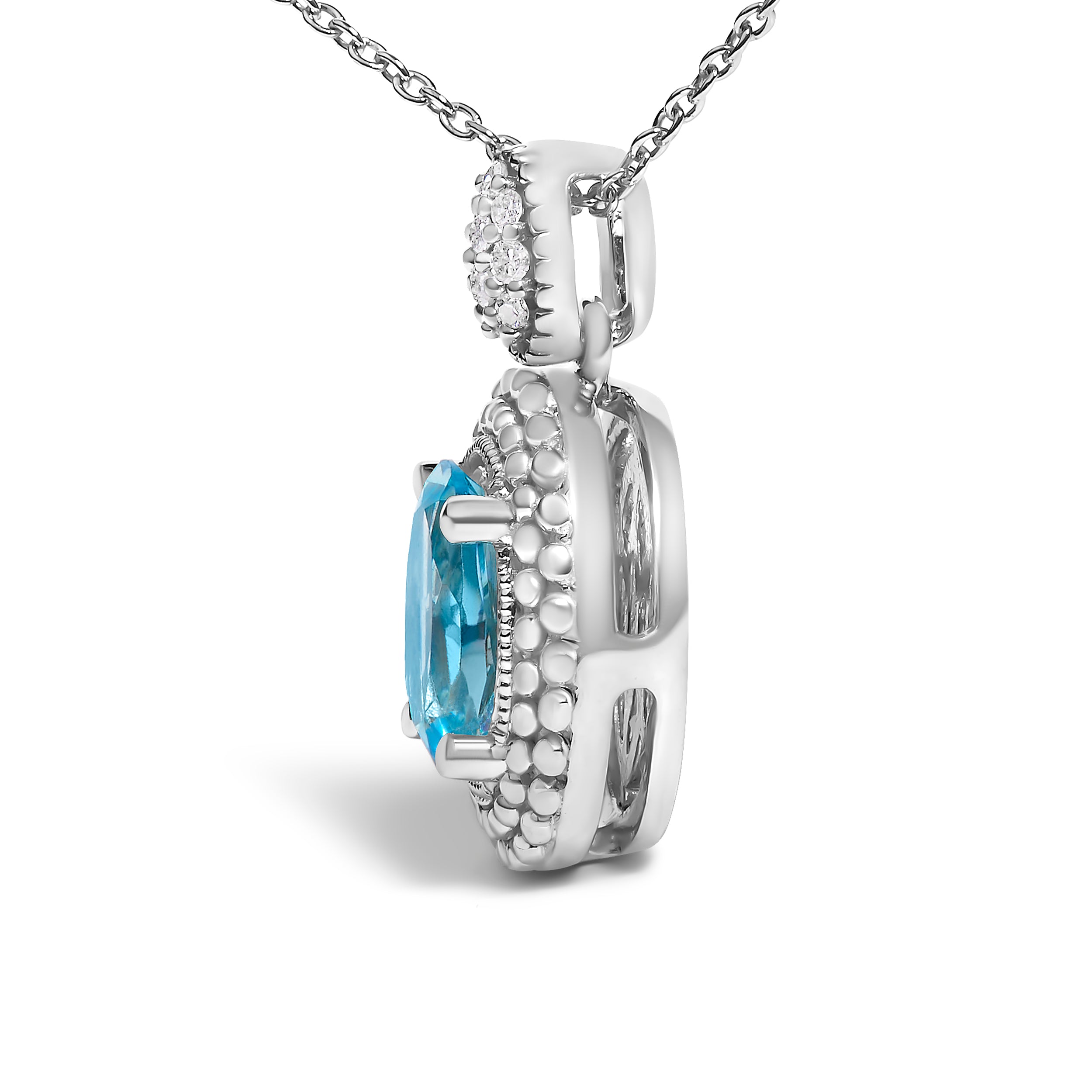 .925 Sterling Silver Oval Blue Topaz and Diamond Accent with Beaded Halo Pendant Necklace - 18" Inches