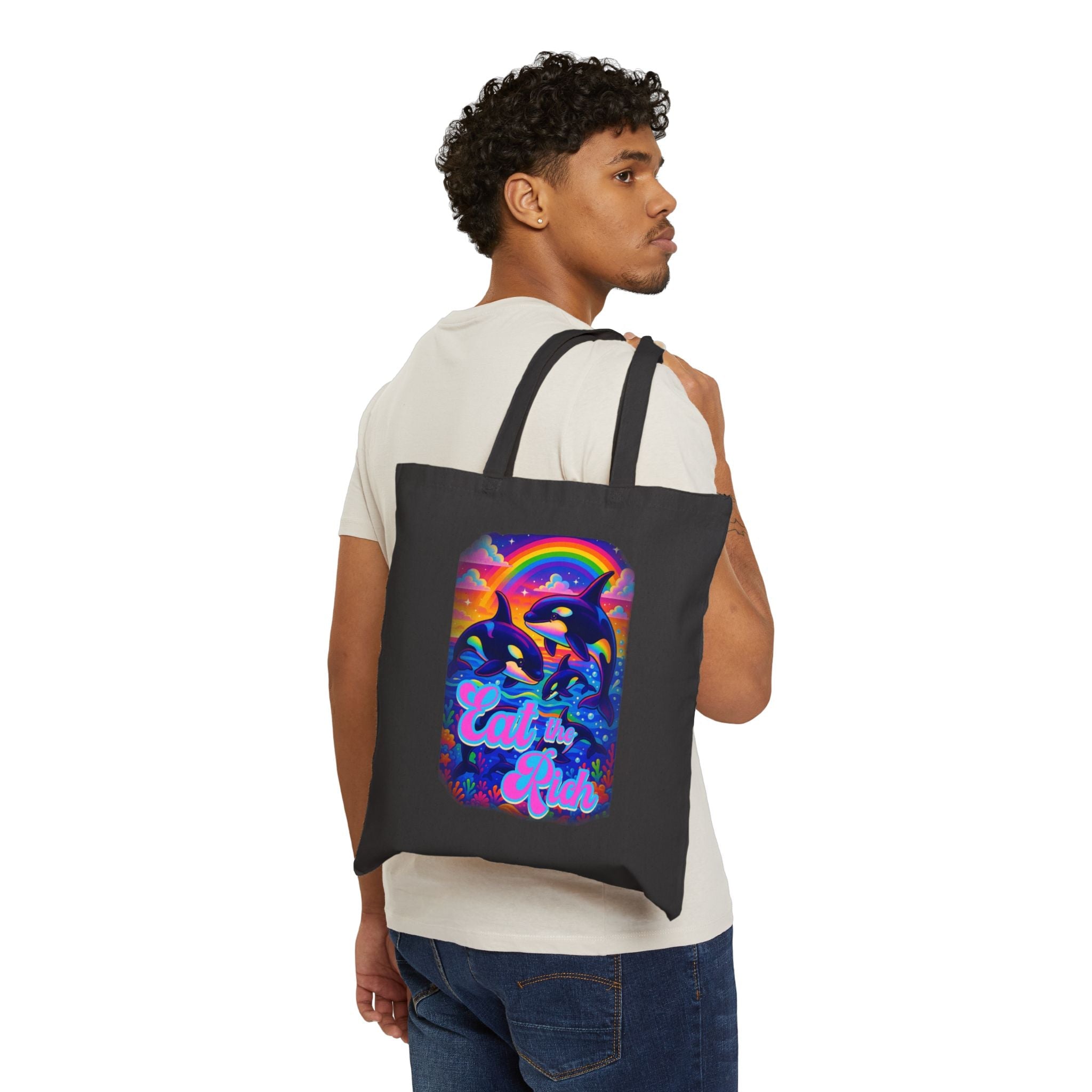 Bespattered Facade Rainbow Eat the Rich Orcas Canvas Tote Bag Reusable Carryall