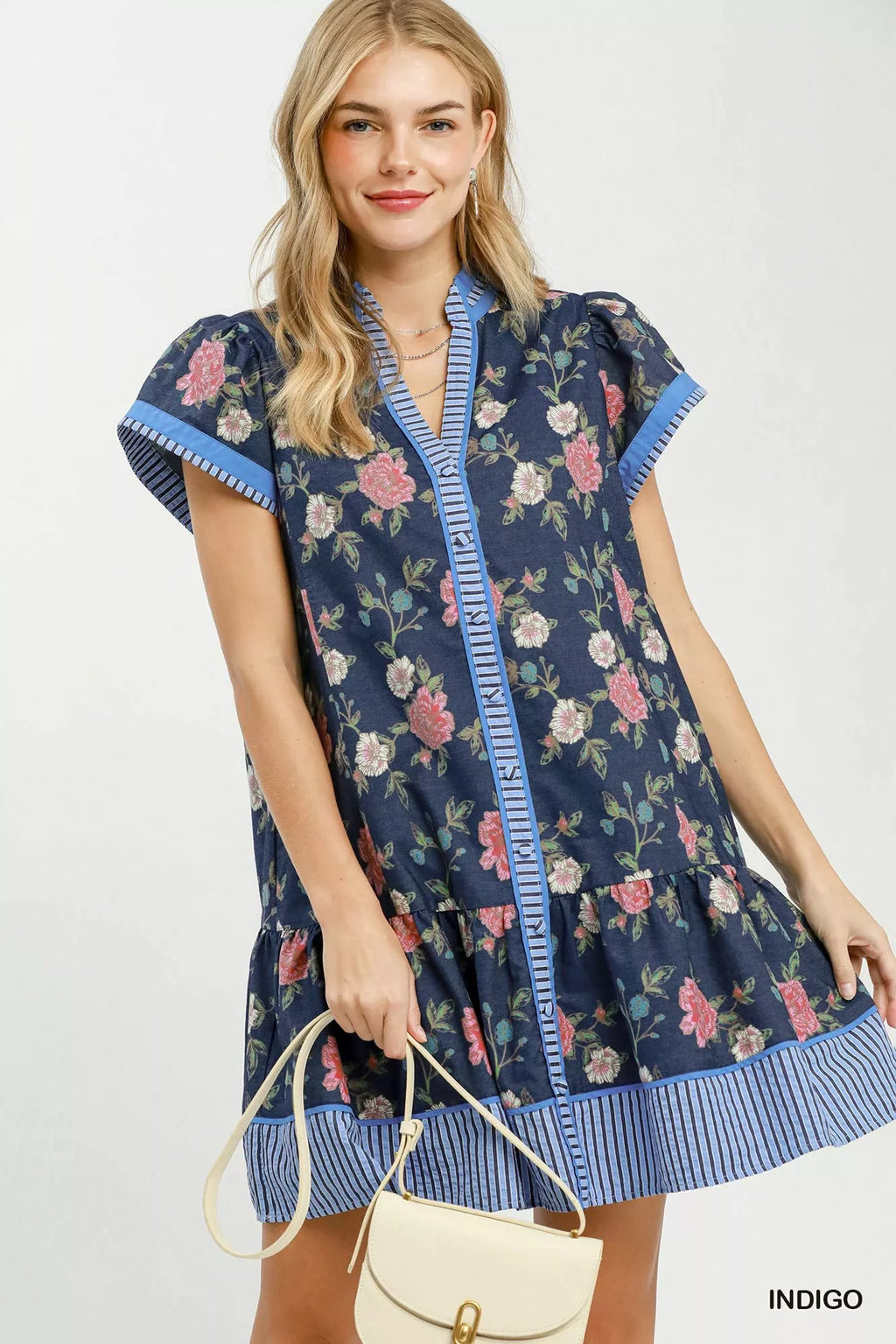 Umgee Floral Contrast Trim Ruffle Hem Mini Dress