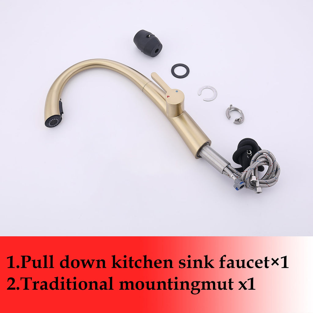 Elegant Single Handle Stainless Steel Pull Out Kitchen Faucet Brushed Gold with High-Arch Spout