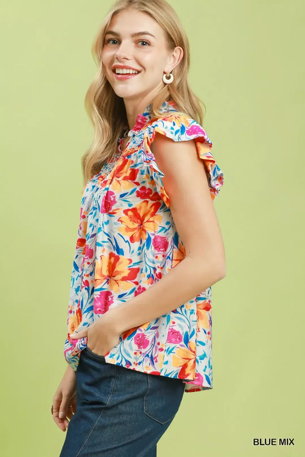 Umgee Smocked Yoke Ruffle Sleeve Floral Blouse