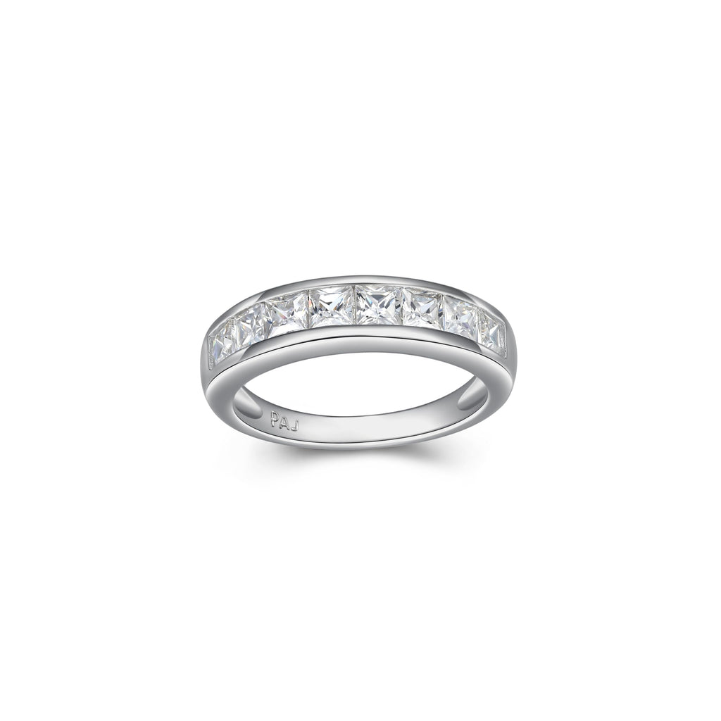 MORGAN & PAIGE .925 Sterling Silver Platinum Plated Wedding Anniversary Rings for Women - Classic Channel-Set Princess Cut Cubic Zirconia Ring Stackable Women Wedding Band Silver Ring Size 9